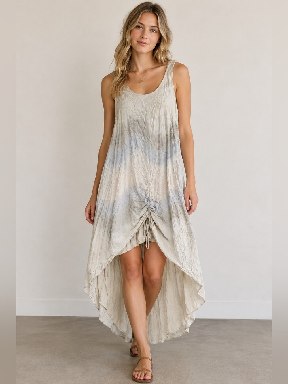 Made in Italy Boho Beige High Low Ruched Sleeveless Dress